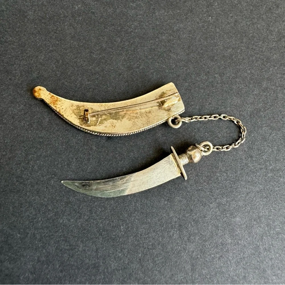 Vintage Sterling Silver Dagger & Sheath Brooch Spun Filigree‎ Sword Pin Chain